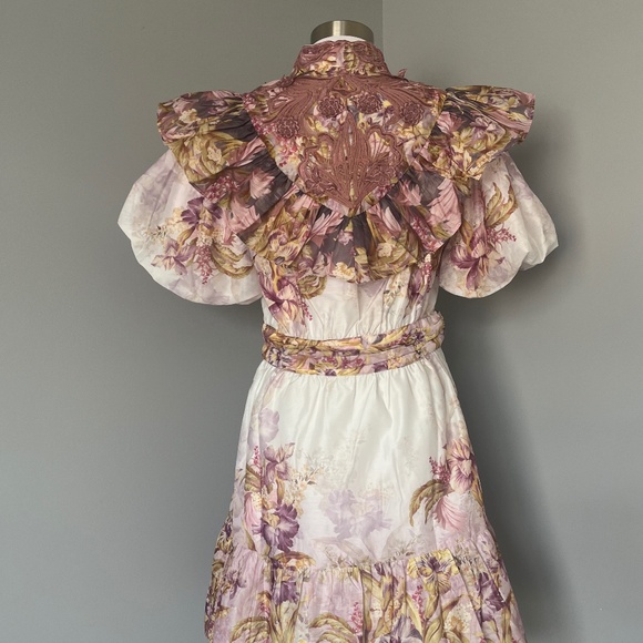 Karen Millen Floral Applique Crinkle Woven Cocktail Balloon Sleeves Mini Dress 8 - Picture 7 of 11